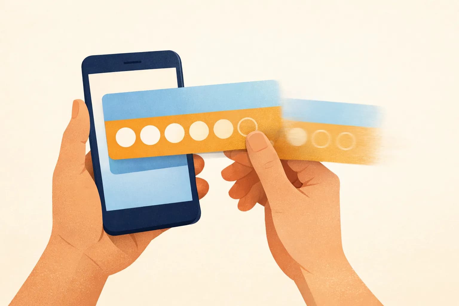 Hand swiping a loyalty card off a phone screen as it fades away.