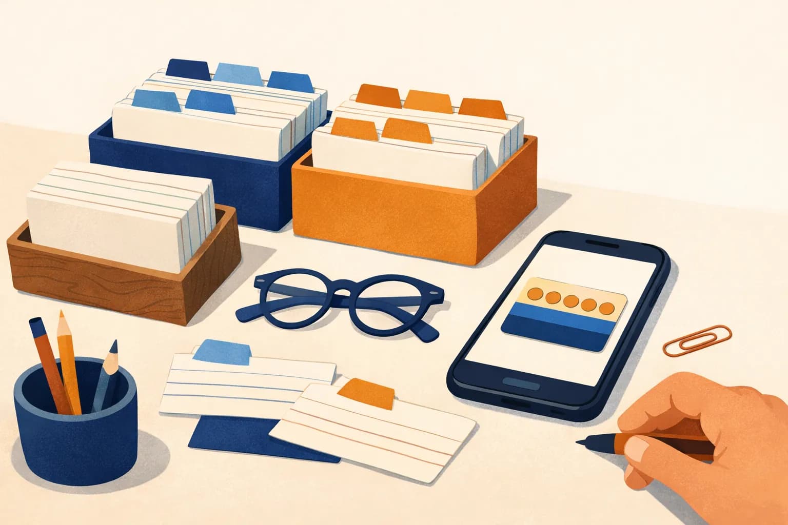 Bureau met kaartjes en een telefoon met een Wallet-loyaliteitskaart, netjes naast elkaar gerangschikt.