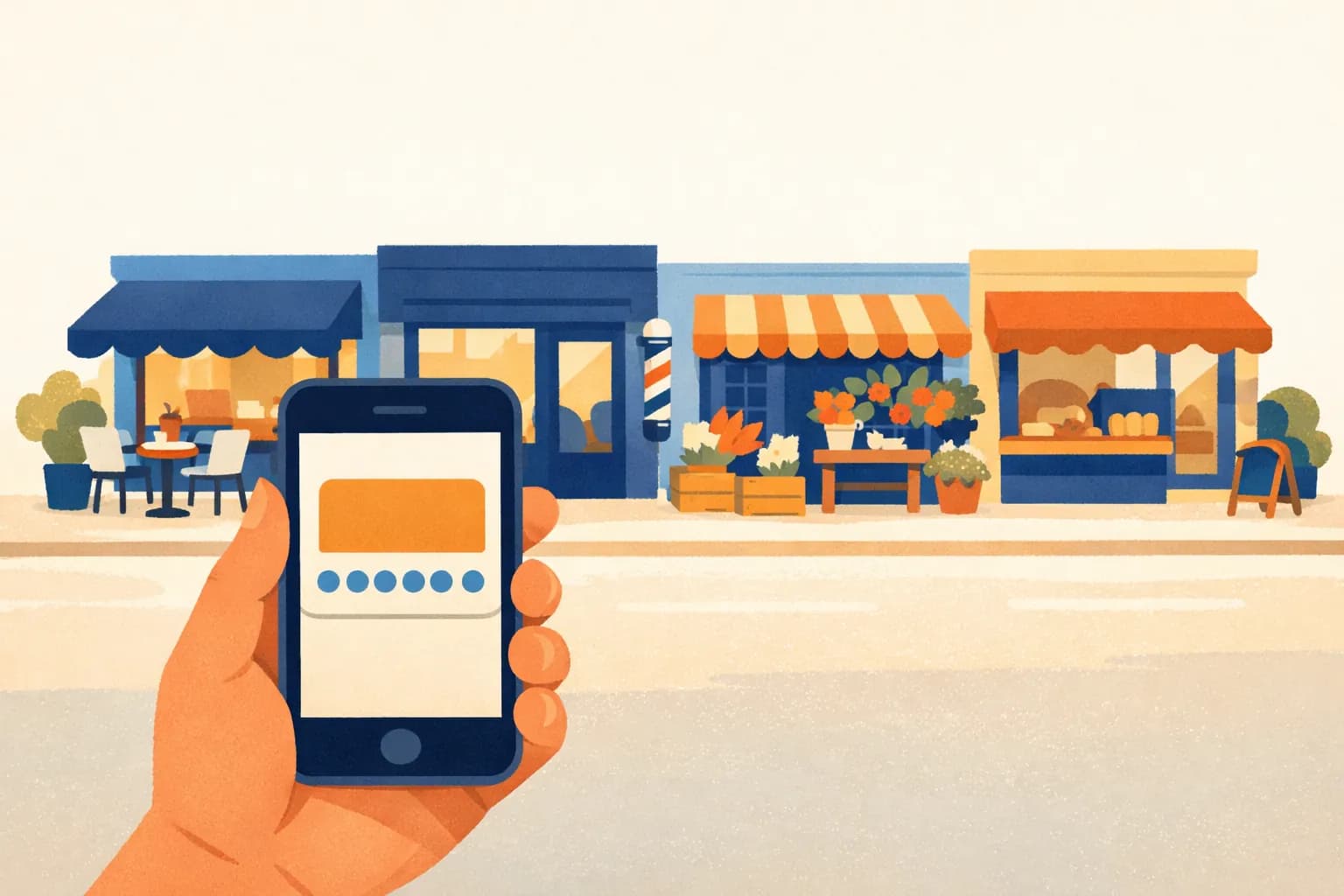 Row of small shopfronts along a street with a hand holding a phone showing a stamp card.
