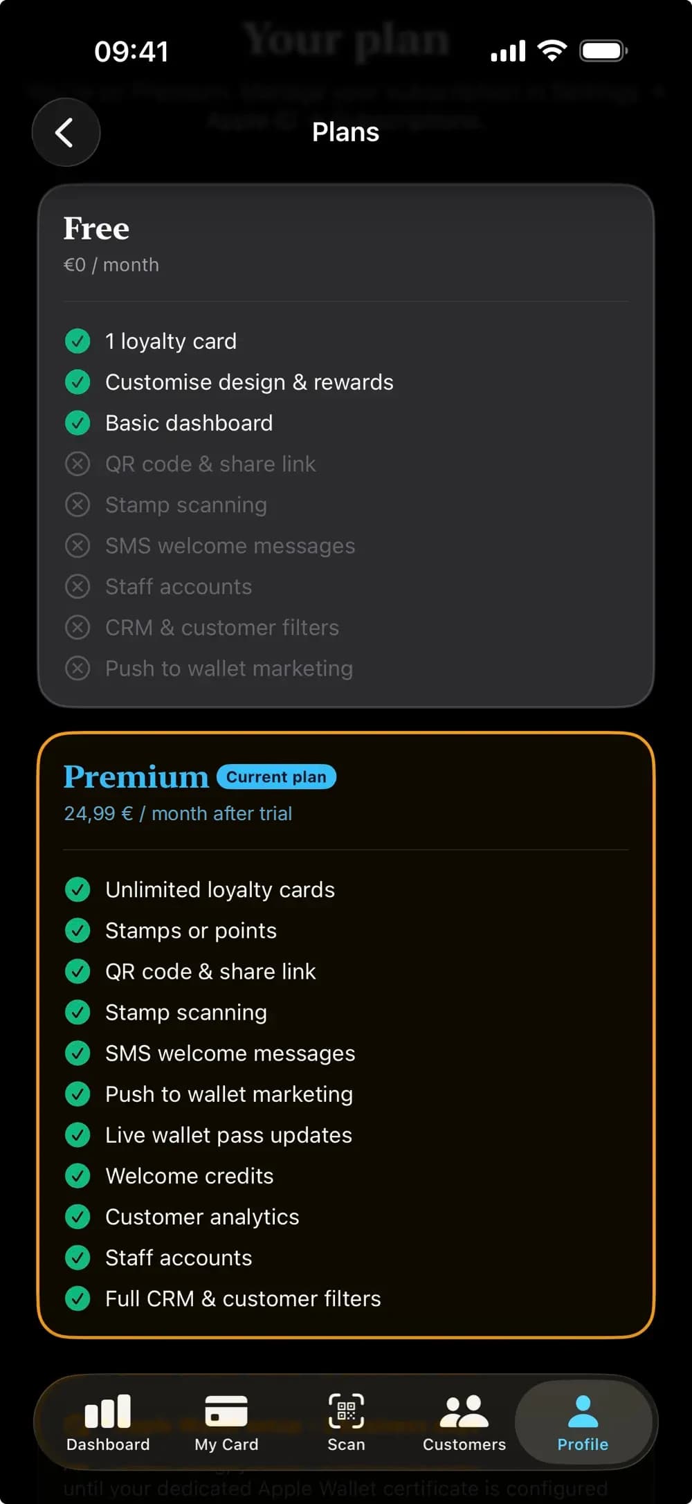 Die Plan-Auswahl in der App, die vergleicht, was der Free-Plan und der Premium-Plan beinhalten.