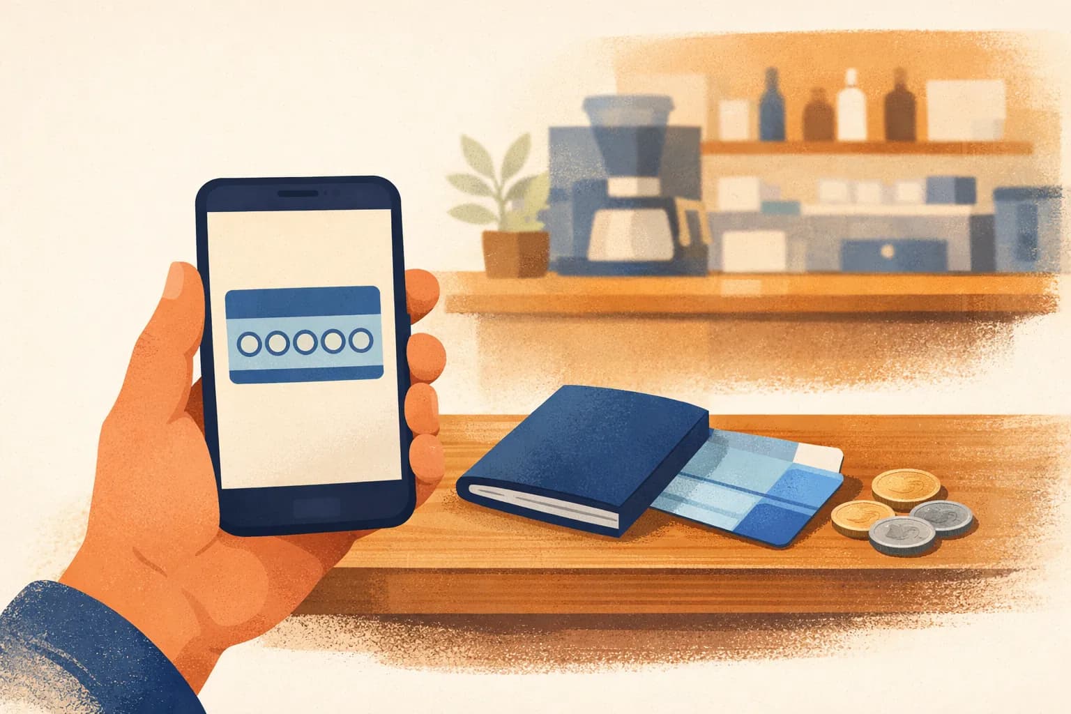 Eine Hand hält an einer Café-Theke eine Wallet-Karte auf dem Handy, daneben liegen ein Reisepass und ausländische Münzen.