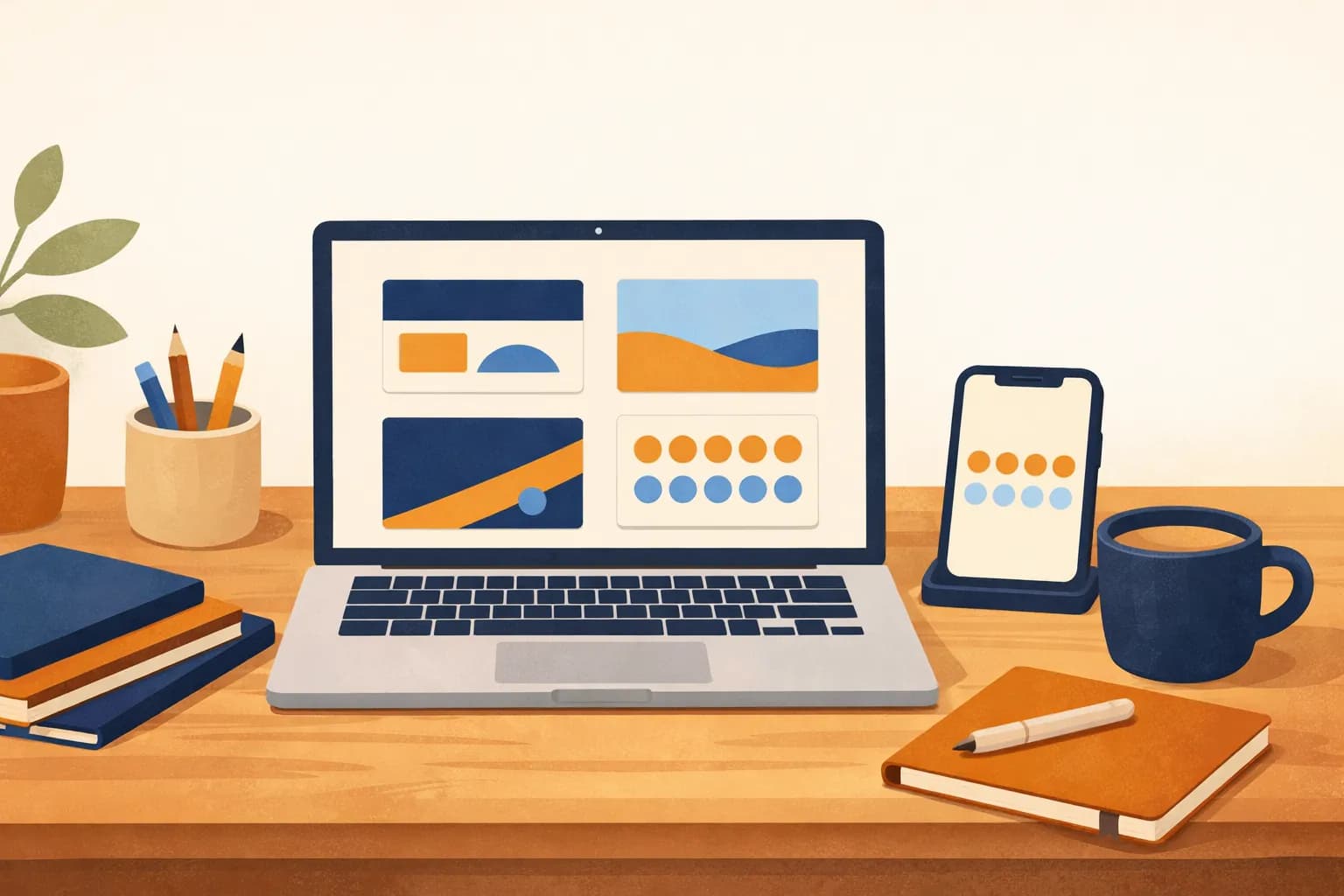 مكتب عليه حاسوب محمول يعرض خيارات تصميم البطاقات بجانب هاتف يعرض بطاقة أختام للولاء.