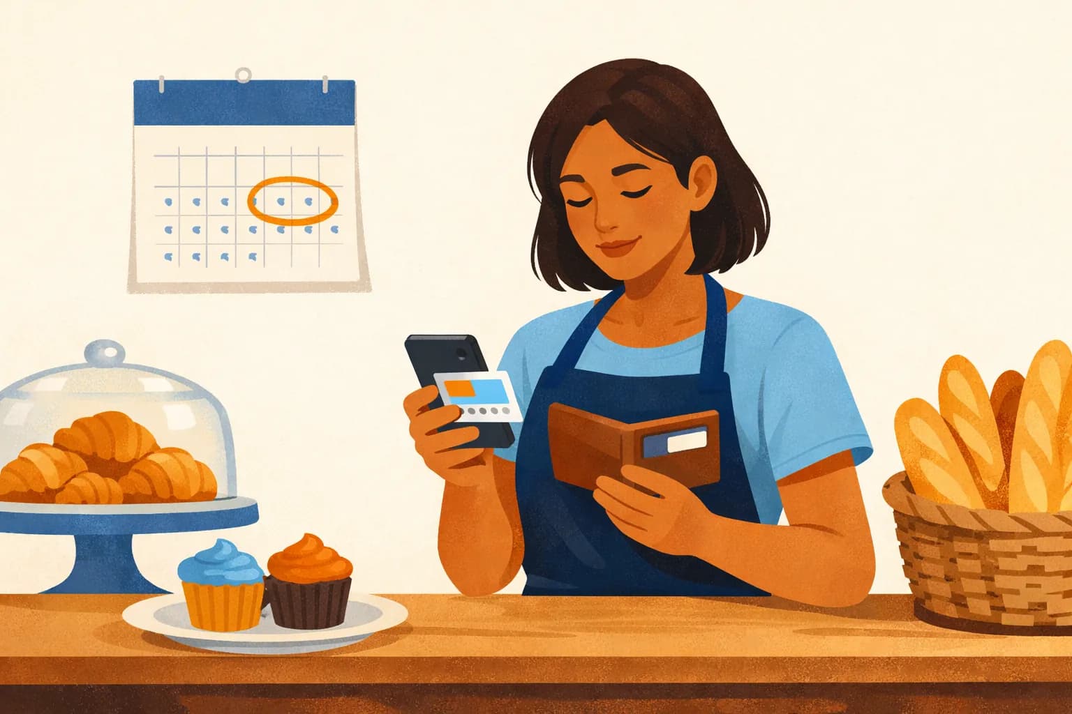صاحب مخبز خلف الكاونتر يتفقد هاتفًا مفتوحًا عليه بطاقة محفظة رقمية بالقرب من تقويم على الحائط.