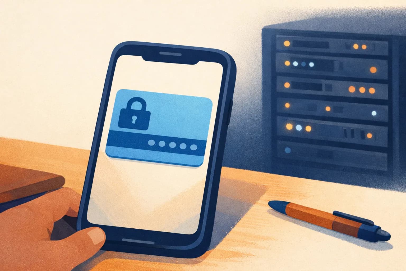 هاتف يعرض بطاقة ولاء رقمية على المحفظة موضوع بالقرب من خزانة خوادم خافتة الإضاءة في الخلفية.